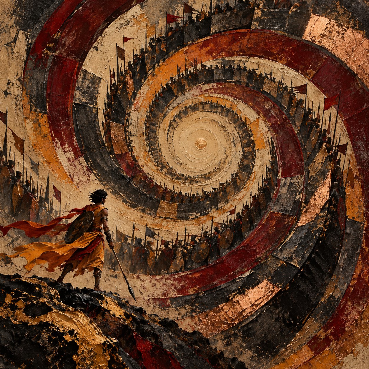 Textural painting inspired by Abhimanyu entering the Chakravyuha
