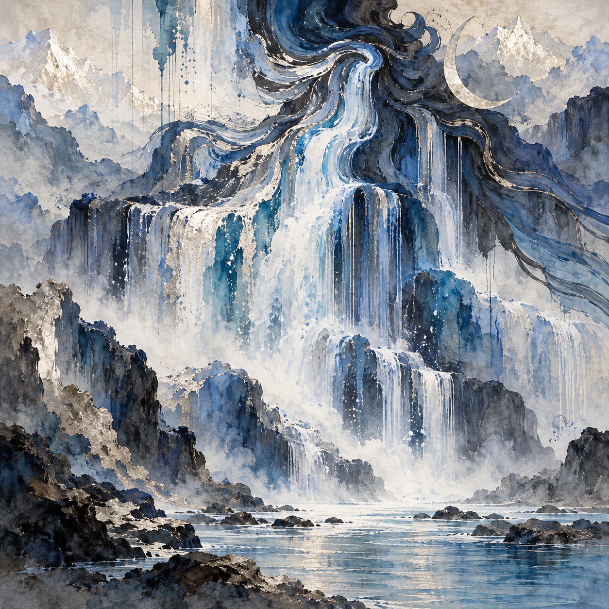 Layered painting inspired by the descent of the river Ganga