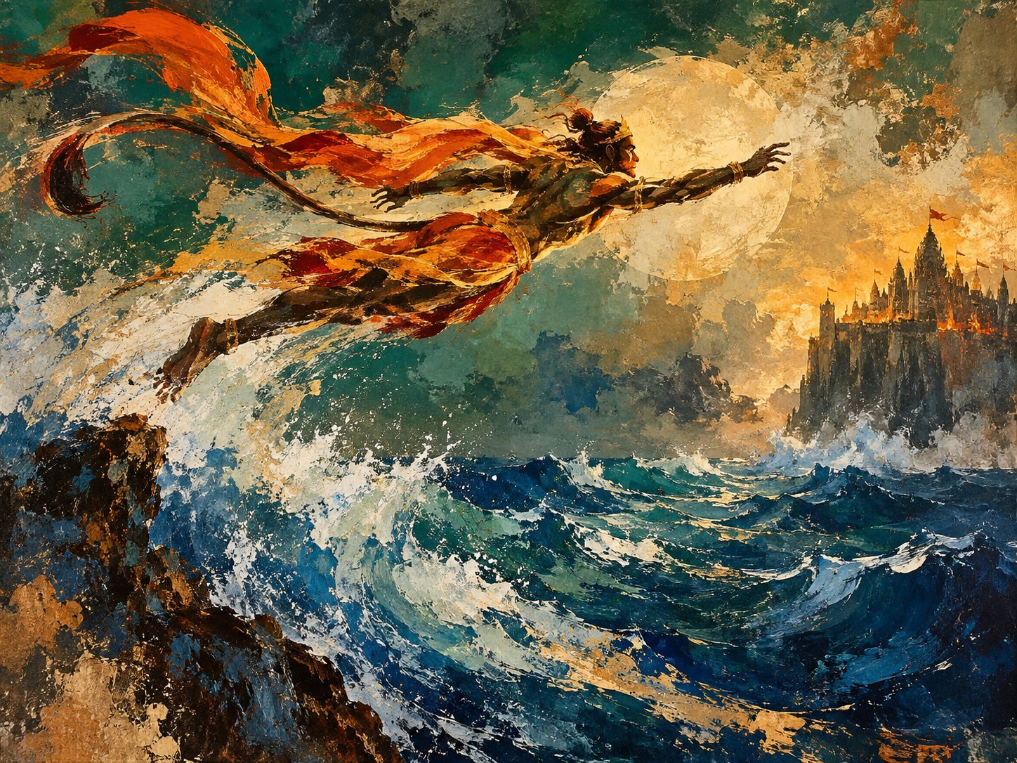Dynamic painting inspired by Hanuman leaping across the sea